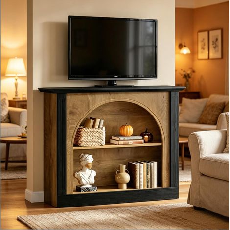Meuble TV console 3 niveaux avec rangement 110 x 30 x 90 cm en bois noir et rustique OKWISH (1/5)