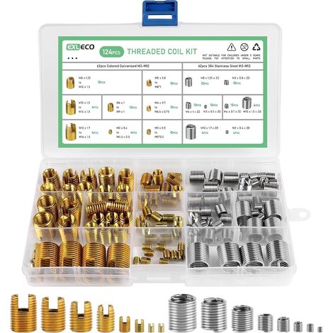 Paquete de 124 insertos roscados autorroscantes M2 M3 M4 M5 M6 M8 M10 M12. Kit de reparación de roscas para procesamiento de metal y plástico.