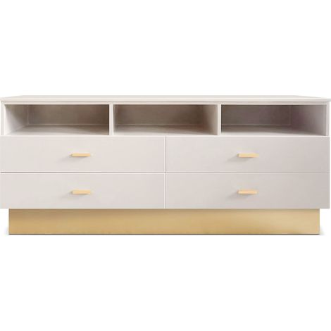 Meuble TV moderne 4 tiroirs Nestor Taupe clair et Or