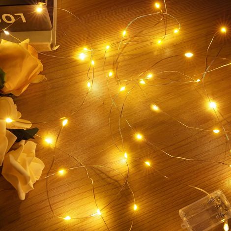 Guirlande lumineuse 5 m 50 LED à piles, micro fil de cuivre pour emballage cadeau, bouteille, mariage, fête pour décoration intérieure et extérieure (blanc chaud) (1/5)