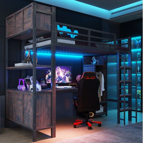 Letto a soppalco per adulti 90 x 200 cm con scrivania, armadio e vano contenitore, illuminazione a LED integrata, prese elettriche europee, struttura in metallo nero. (1/5)