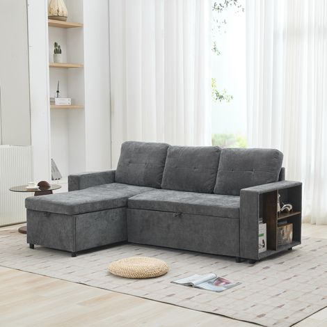 Ecksofa mit Stauraum und Armlehnenregal, Chenille Couch Grau, Wendbares L-Form Sofa, 202x136x85 cm (1/5)