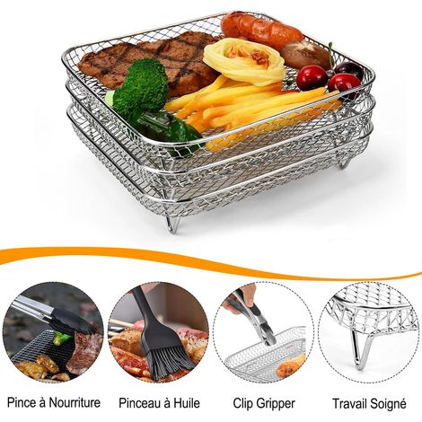 Accesorios para freidora de aire, 3 piezas de parrilla apilable de 20 cm, cuadrada, de acero inoxidable, antiadherente.