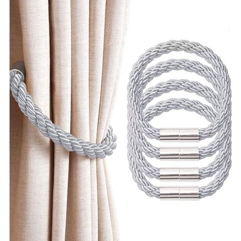 Beyamis Bande magnétique minimaliste et moderne pour rideaux, bande décorative texturée tissée à la main pour fenêtres, sans perçage, boucle magnétique résistante, grise, lot de 4 (1/5)