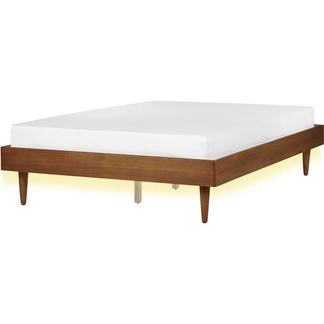 Cama moderna 140 x 200 cm con somier de láminas sin cabecero LED madera de fresno marrón Toucy (1/5)