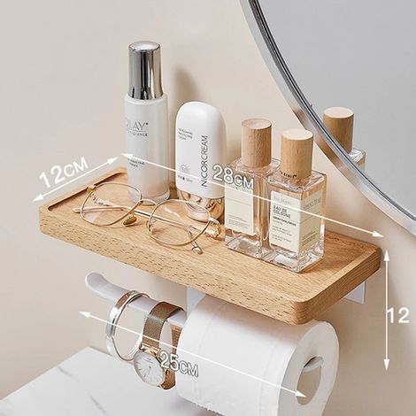 (Style 16) Ensemble de rangement de salle de bain en bois et métal sans perçage – Porte-papier toilette mural, porte-savon et boîte à mouchoirs – Organisateur sans perçage (1/5)