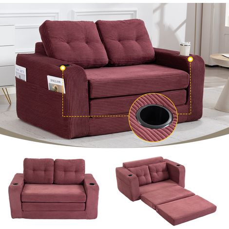 Canapé 2 places en velours côtelé avec porte-gobelets et poches latérales, pouf convertible sans cadre avec coussins matelassés - Rouge