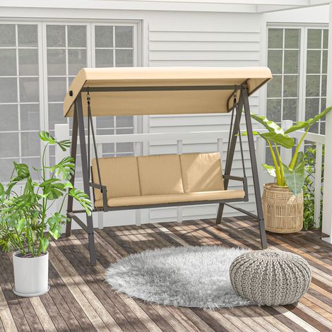 Balancelle de jardin 3 places en acier et polyester beige, toit pare-soleil inclinable, assise rembourrée (1/5)