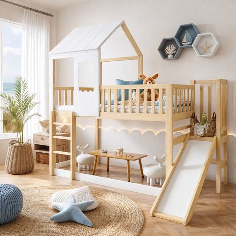 FLORAGRACE Lit superposé enfant 90x200 cm avec toboggan, échelle droite, toit et fenêtre, garde-corps, cadre en pin et MDF, naturel et blanc, gain de place pour chambre d'enfant (1/5)