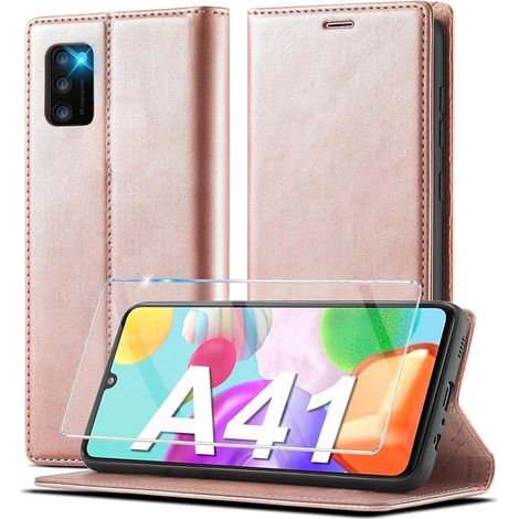 Coque portefeuille en cuir pour Samsung Galaxy A41 avec béquille et porte-cartes rose (1/5)