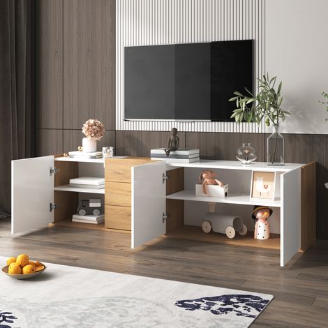 Mueble TV con 3 Puertas, 3 Cajones y Estantes Ajustables, Instalación de Pie o Pared, para Salón, MDF, Blanco y Madera (1/5)