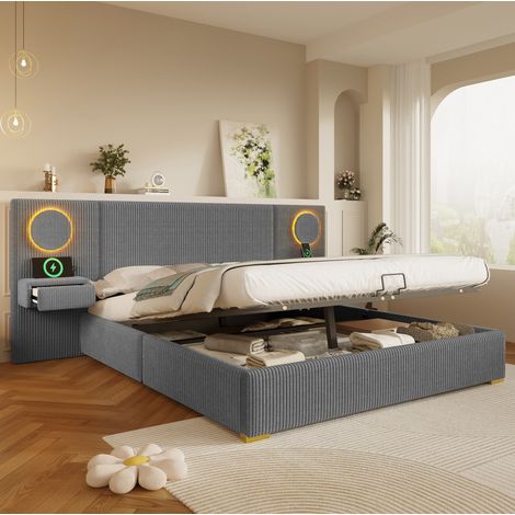 Cama canapé 180x200 cm de terciopelo con LED, USB y elevación hidráulica gris OKMYHOME (1/5)