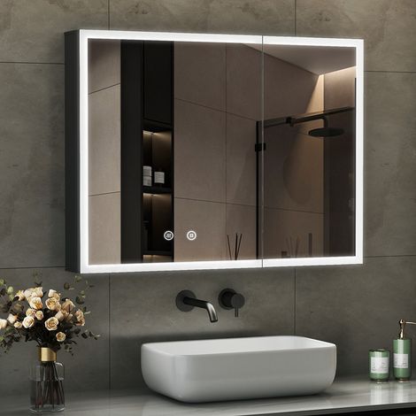 Spiegelschrank mit Beleuchtung 80x60cm LED Spiegelschrank Bad mit Beleuchtung Badspiegel mit Beleuchtung Badschrank Hängeschränke mit 3 Einstellbare Lichtfarben Beschlagfrei, Schwarz