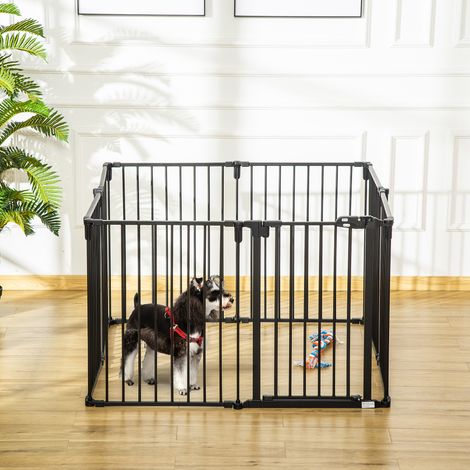 PawHut Barrière de sécurité barrière de protection cheminée parc enclos chien pliable modulable 8 panneaux avec porte sans perçage 482,5 x 76 cm noir