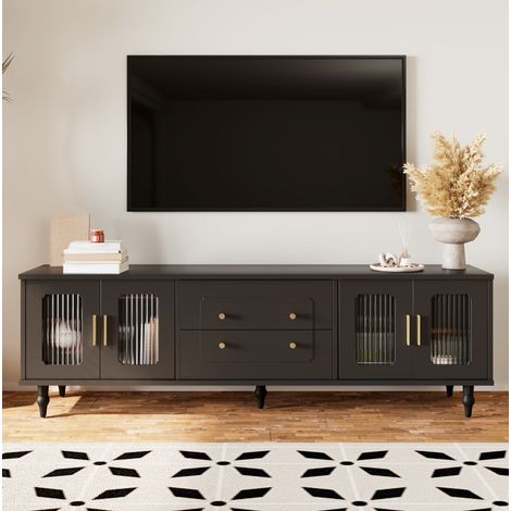 Retro-TV-Möbel 175 x 38 x 55,5 cm mit geriffeltem Glas, goldenen Griffen, schwarz HAVRYA (1/5)
