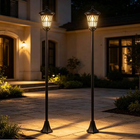 Lote de 2 farolas solares de jardín, 186 cm, negras, altura regulable OKMYHOME (1/5)