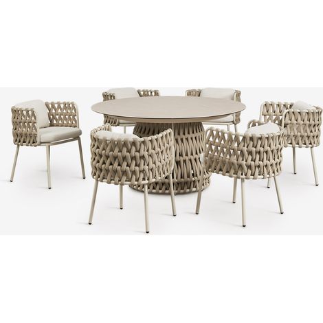 Set de table ronde Ø140 cm en céramique et 6 chaises de jardin avec accoudoirs en aluminium et corde tressée Tevary SKLUM (1/5)