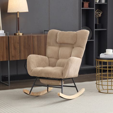 Fauteuil à bascule marron, chaise à bascule moderne rembourrée en tissu de qualité pour chambre d'enfant, avec siège rembourré, dossier haut, accoudoirs et base invisible, avec coussin cervical (1/5)