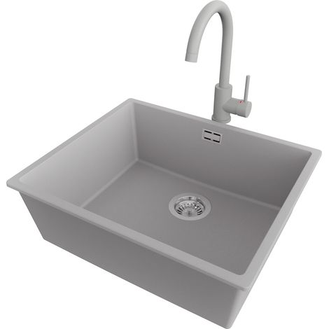 PRIMAGRAN Evier Sous Plan 56x47cm,Evier en Granit 1 bac + Robinet 32x20cm + Kit de Vidage, Évier au meuble 60cm - London, Gris (1/5)