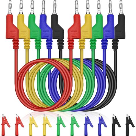 Lot de 5 cordons de mesure pour multimètre 4 mm, câbles de test multicolores avec fiches bananes, 10 pinces crocodiles isolées – pour appareils électriques,Voiture et Usage Industriel (1/5)