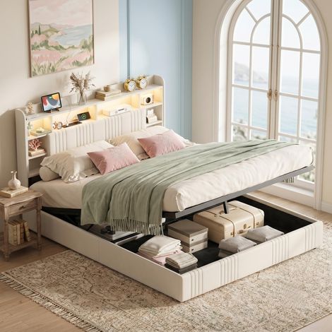 Cama con almacenamiento doble 140x200 cm capitonada en lino beige, con LED, USB y Type-C, somier láminas, almacenaje hidráulico (1/5)