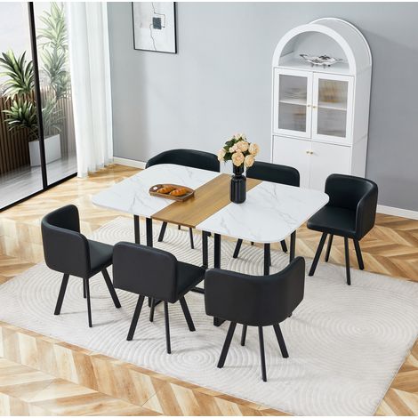 Set de mesa y sillas de comedor de 7 piezas, blanco, MDF melamínico y metal HAVRYA (1/5)