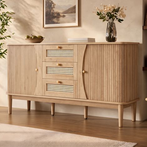 Aparador 141 x 40 x 77 cm puertas correderas, cajones de ratán, estantes ajustables, bordes redondeados, estilo rústico moderno boho, MDF, natural (1/5)