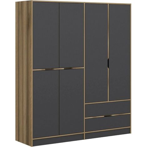 Grande Garde-robe Odalys, Armoire Chambre: 5 Étagères, Porte-vêtements, 2 Tiroirs, 185x208h cm Noir et noyer\ et noyer\ Anthracite