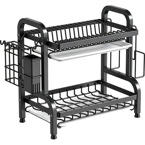 Geschirrabtropfgestell, 2-stöckiges Design, rostbeständige Oberfläche, Schwarz-Groß (1/2)