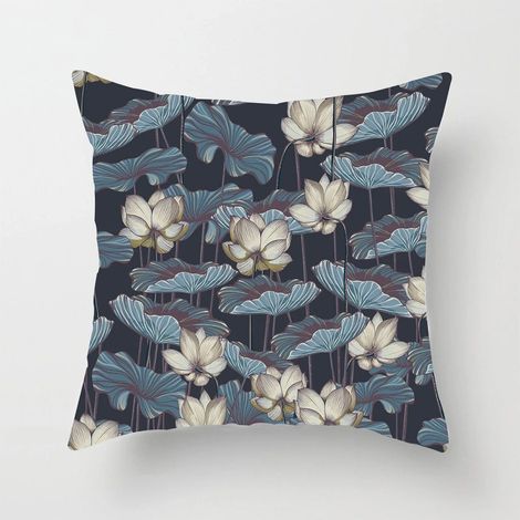 Taie D'oreiller Coton Linen Imprimé Lotus - Double Face - Pour Canapé Lit Chaise Bureau Extérieur - 40x40 cm (1/5)