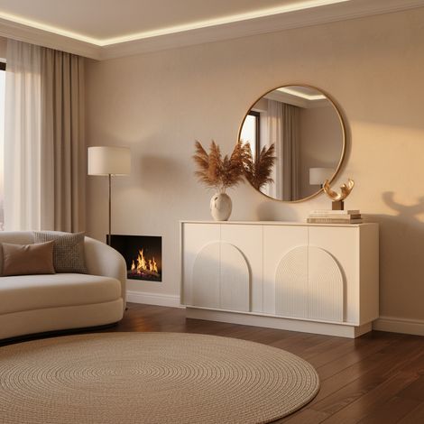URBAN MEUBLE Buffet blanc mat élégant forme arches en relief 4 portes 160x38x80cm