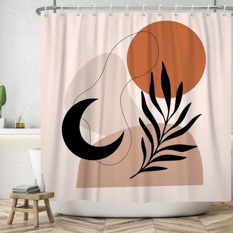 183x213cm Rideau de Douche Abstrait Milieu du siècle Abstrait Lune Soleil Feuille de Palmier Rideau de Salle de Bain Vintage Plante Tropicale Rideaux de Douche Rideau de Baignoire étanche (1/5)
