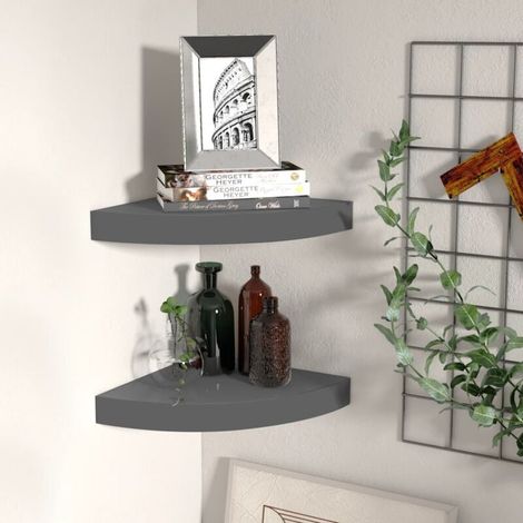 Lot de 2 Étagère d'angle flottante Armoire murale Meuble Étagère Gris brillant 25x25x3,8cm MDF 80516 (1/5)