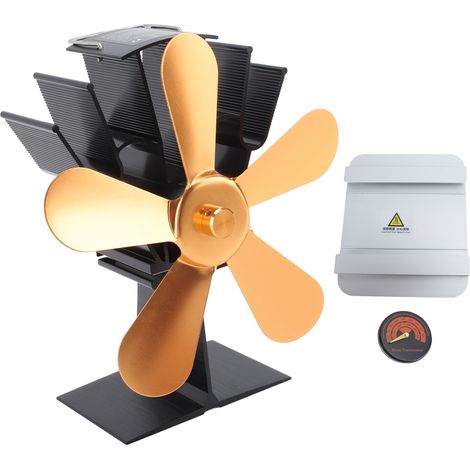 5 Blade Heat Powered Wood Stove Fan Silent Operation Fireplace Fan with Heat Insulation Board Thermometer Vertical I Style Gold (1/5)