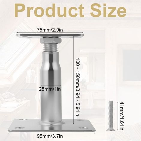 Supports de Poteau Galvanisés de 100 à 150 mm, Lot de 4 Supports de Poteau Réglables en Hauteur avec 16 Vis, Embase Pied de AOOTE Poteaus Carrée Réglable pour Clôtures, Abris, Pergolas (Argent) (1/5)