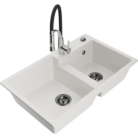 Mexen Tomas fregadero de granito de 2 compartimentos con grifo de cocina Aster, blanco - 6516-20-73450-07-B (1/5)