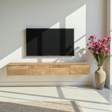Meuble TV suspendu bois clair 4 portes JUNO