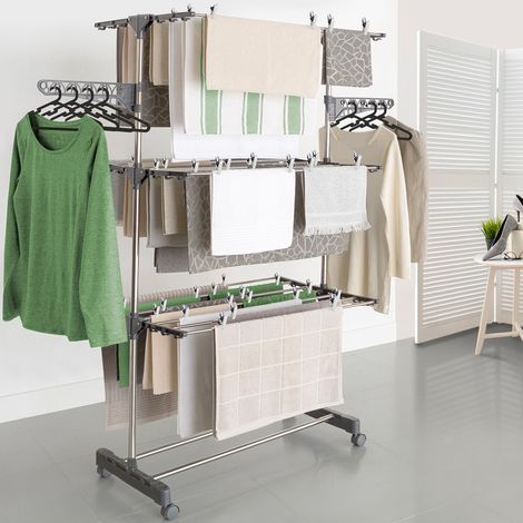 Tendedero vertical plegable MAXIMA, 3 niveles, 25M de capacidad con perchas y pinzas y color gris (1/5)