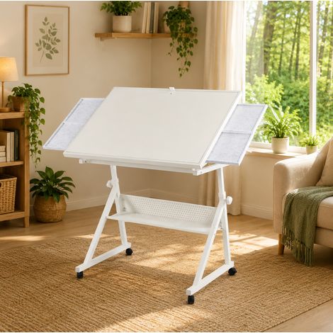 Tavolo puzzle regolabile, inclinazione a 16 angoli, 4 vassoi in feltro, copertura in legno, MDF metallo poliestere bianco (1/5)