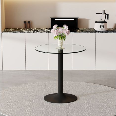 Tavolo da bar rotondo in vetro temperato 89 cm, altezza 92 cm, base in metallo nero (1/5)