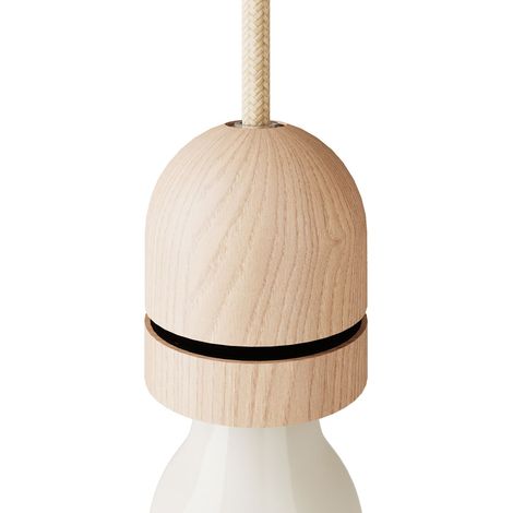 creative cables - Kit portalampada E27 filettato semisferico in Legno con serracavo Nascosto e coprighiera per Paralume - Neutro