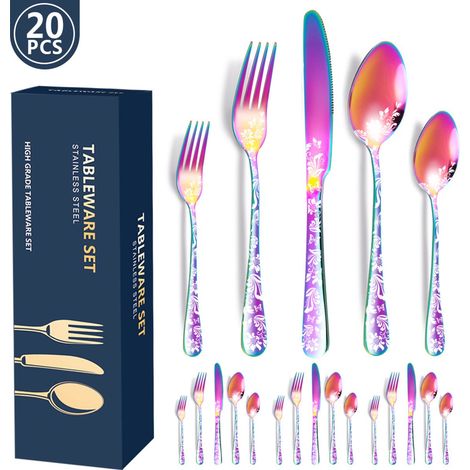 20-teiliges Edelstahl-Besteckset, Essbesteck für 4 Personen, Edelstahl, mehrfarbig