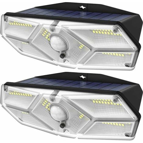 Juego de 2 luces solares impermeables con 104 LED, sensor de movimiento, 3 modos de iluminación, ángulo de haz de 270° alimentado por energía solar para garaje, jardín, entrada de vehículos, puerta pr