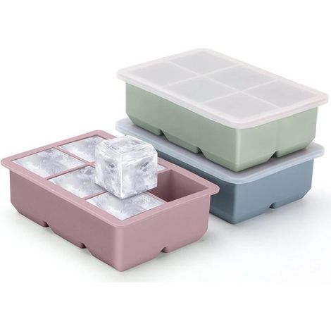 Juego de 3 bandejas grandes cuadradas de silicona para cubitos de hielo con 6 compartimentos y tapa,18,5 x 12,5 x 5,6 cm,silicona (1/5)