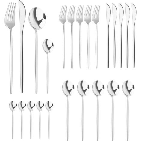 24 Pieces Couvert Couverts de Table Menagere Service de Table 6 Personnes avec Reutilisable Inox Fourchettes de Table Petite Cuillère Couteaux de Table Argent (1/5)