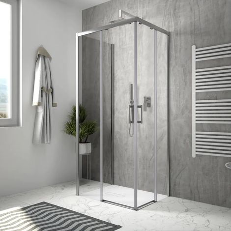 Cabine de douche à trois côtés 80 x 90 x 80 cm double porte coulissante profilés chromés verre transparent de 6 mm h 190 Cuba (1/4)
