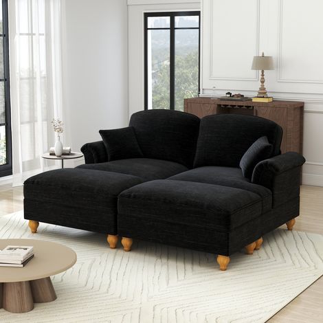 Sofá modular clásico de 2 plazas en chenilla con reposabrazos en forma de embudo, faldón con volantes extraíble, patas torneadas y otomana móvil. Sofá tipo nube suave y profundo para la sala de estar,