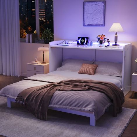 Lit escamotable - KOMHTOM - Lit escamotable moderne 140x200 cm - 2 grands tiroirs - Prise USB - LED intégrée (1/5)