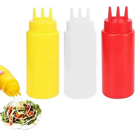 Lot de 3 flacons souples à 3 trous pour condiments, flacons en plastique pour ketchup, sauces piquantes et huile d'olive 2025 (1/5)
