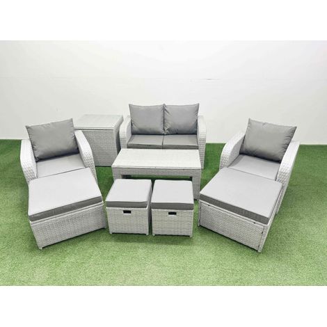 Fimous PE Wicker Rattan Furniture Sofa Sets with Oblong Coffee Table Love Sofa Reclining Chair Side Table 4 Stools Light Grey Mixed (1/4)